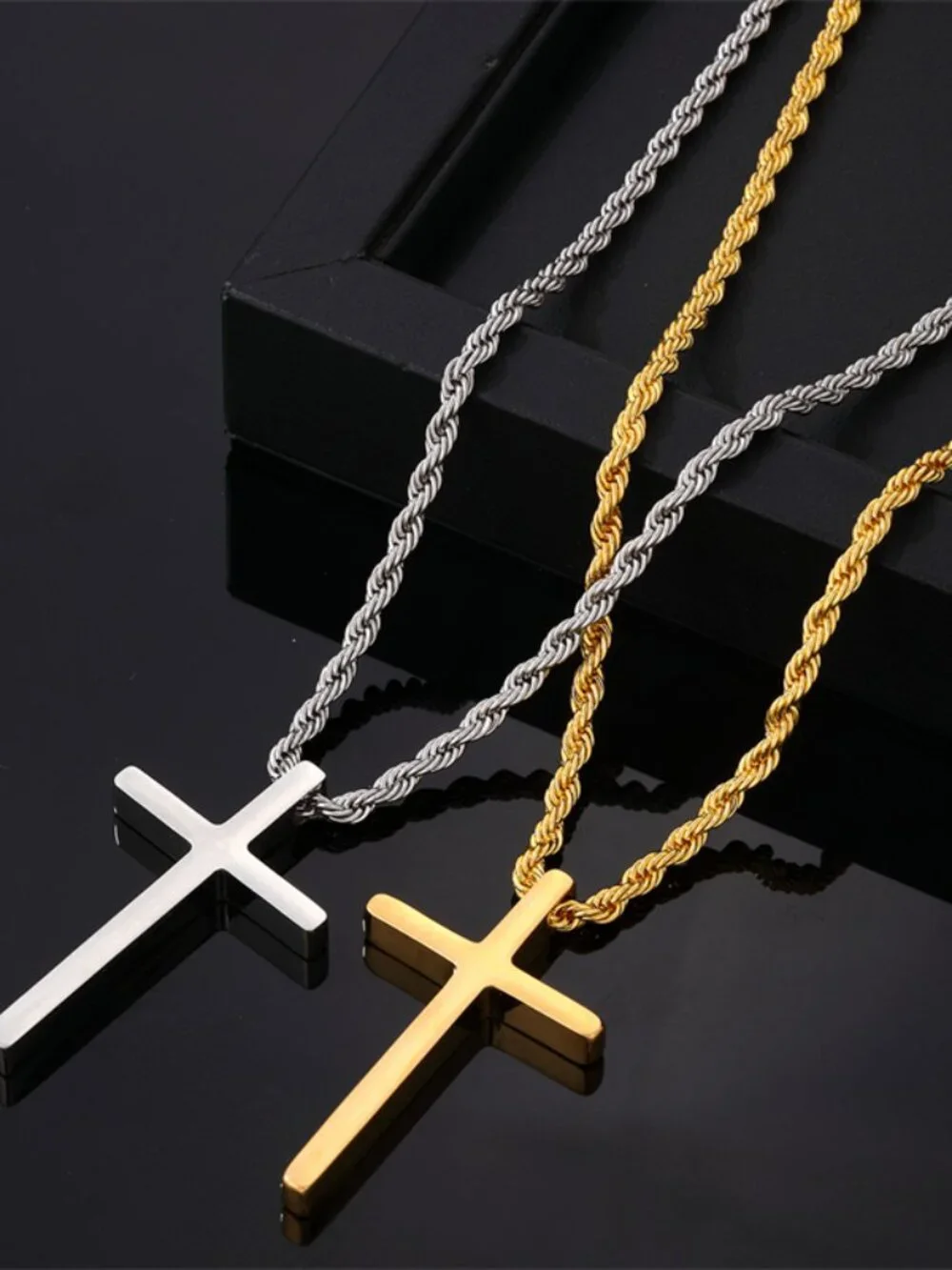 Men’s Stainless Steel Cross Necklace | Gold & Silver Rope Chain Pendant | Faith